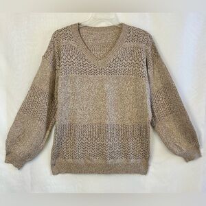 New Women’s Hollowed Out Crochet Knit Long Poet Sleeve Beige Sweater / Size XL
